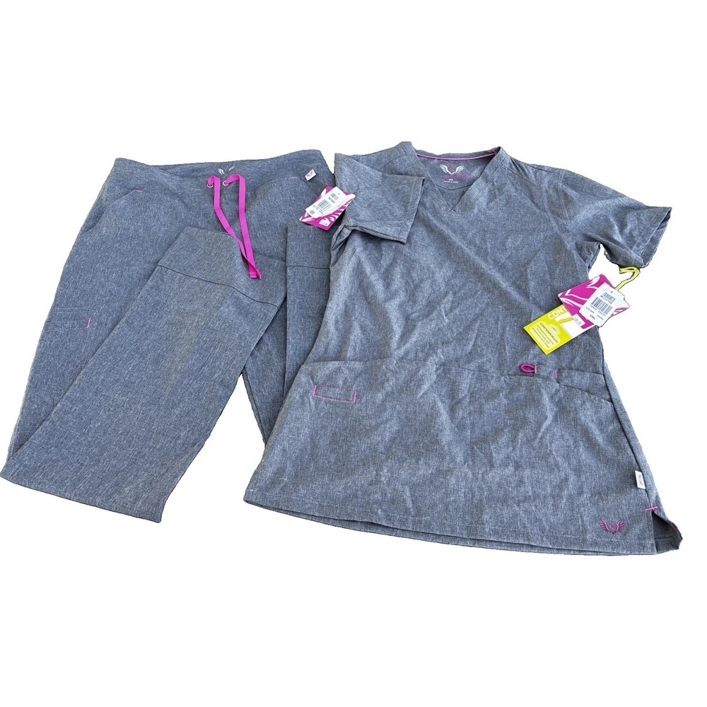 NWT Smitten Scrubs Set Shirt Top SML Pants XSM Heather Gray Pink Accents